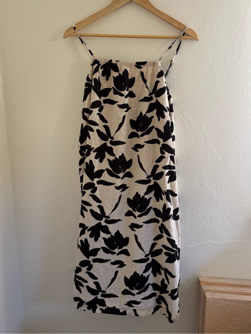 Beige Floral Print Slip Dress with Black Pattern